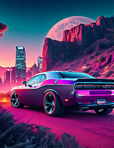 a pink car dodge challenger in a cyber punk landscape