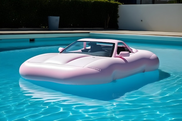 A pink car floating in a pool with the word pink on it