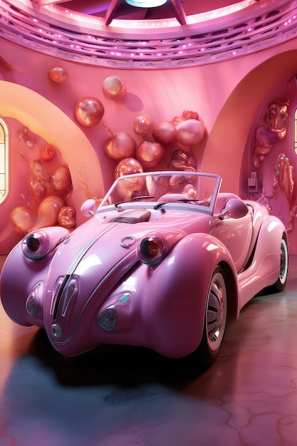 A pink car is in a room with a pink wall and a pink wall.