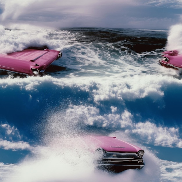 Photo a pink car is in the water and the pink car is pink.