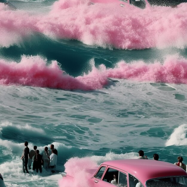 Foto auto rosa nell'oceano con un'auto rosa in primo piano