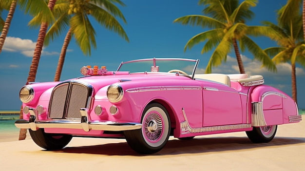 pink car parked on the beach with palm trees in the background generative ai