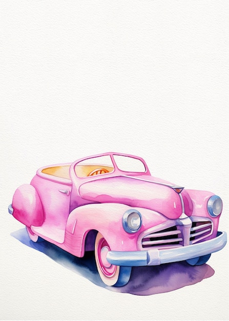 Foto disegno ad acquerello rosa di auto isolato su sfondo bianco auto d'epoca