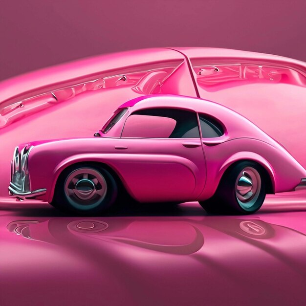 분홍색 배경에 고립된 큰 활을 가진 분홍색 자동차