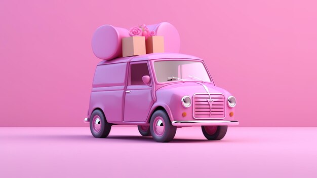 A pink car with a box on top of it