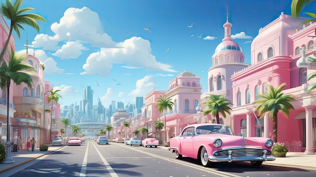 a pink car with a city in the background.