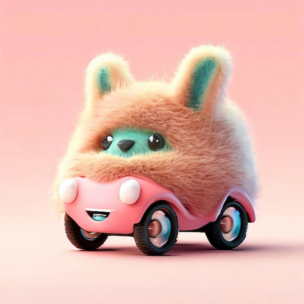 A pink car with a dog on the front