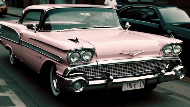 A pink car with the license plate 18 - 48 on the front.