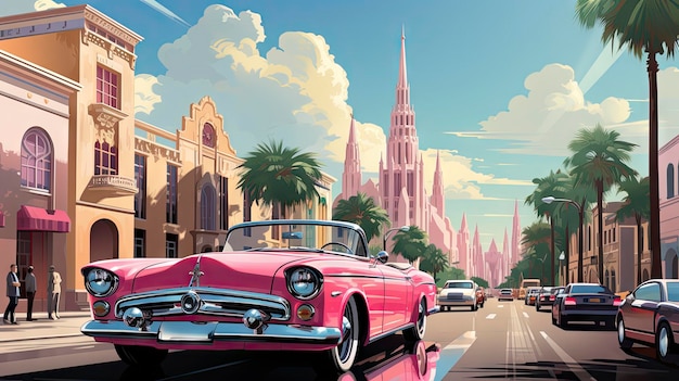 a pink car with a palm tree in the background.