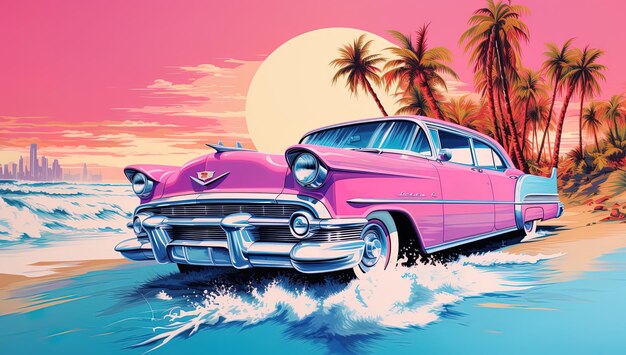 a pink car with palm trees in the background