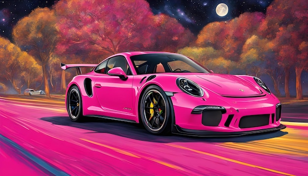 pink car with a pink background and a full moon in the background