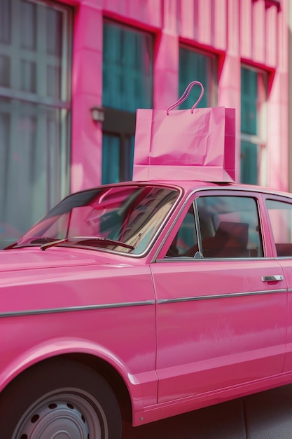 Photo pink car with a shopping bag on top perfect for retail or transportation concepts
