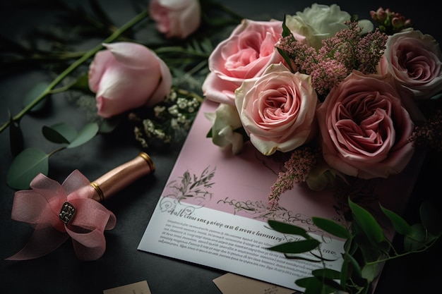 A pink card with a bouquet of roses on it