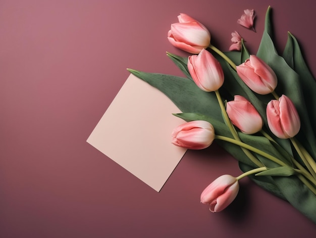 A pink card with a bunch of pink tulips on it.