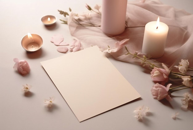 A pink card with candles and flowers on a table