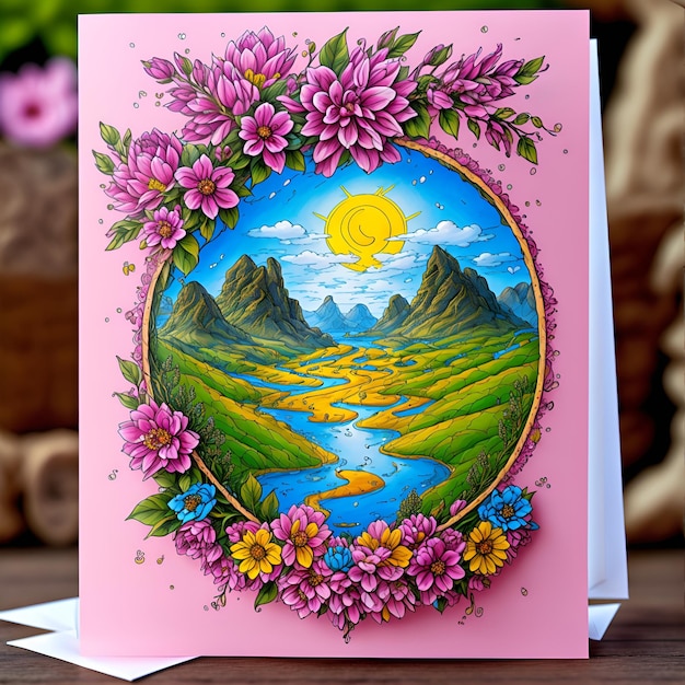 A pink card with a mountain and a river in the middle.