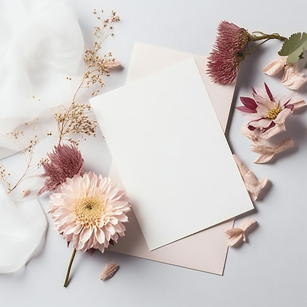 A pink card with a white card and flowers on it