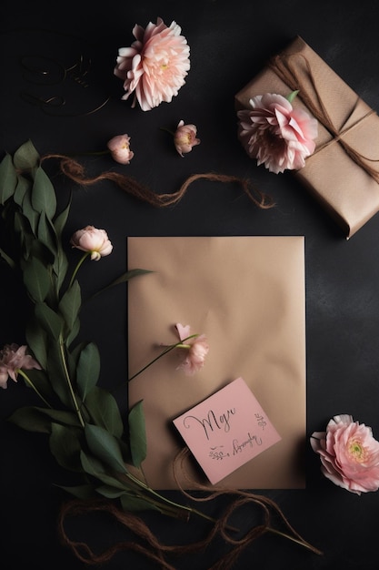 A pink card with the word love on it sits on a black table with a bunch of flowers.