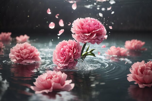 Foto un garofano rosa che cade in acqua