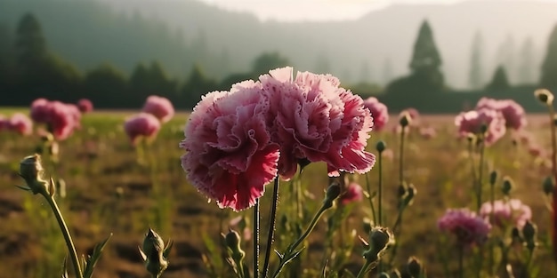 A pink carnation in a field of flowers