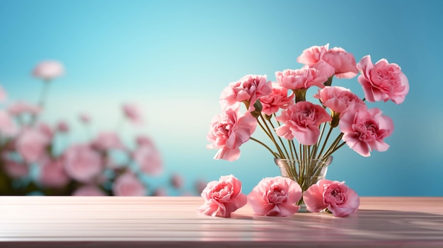 pink carnation flower over bright light blue table background