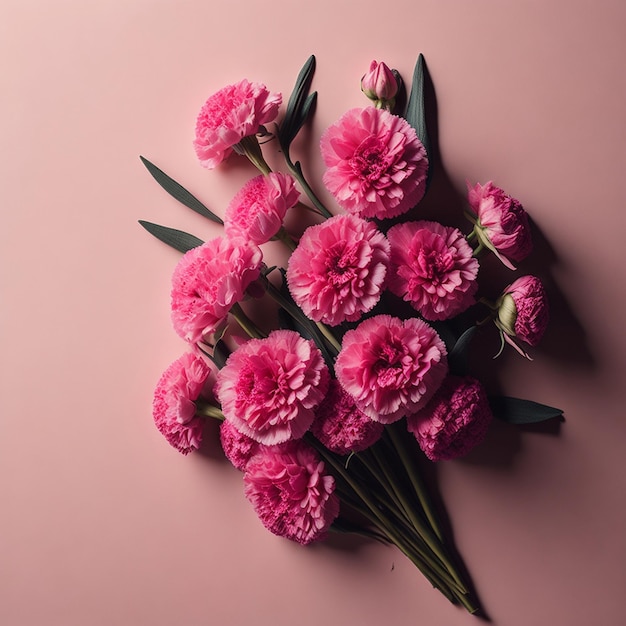 Pink carnation flowers bouquet on tan background with deep sunlight shadows Flat lay top view flor