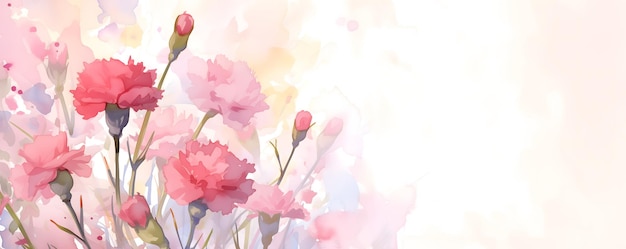 Pink carnation flowers watercolor style illustration over white backdrop for a Mothers Day