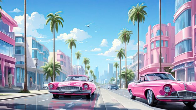 pink cars on the street with palm trees in the background.