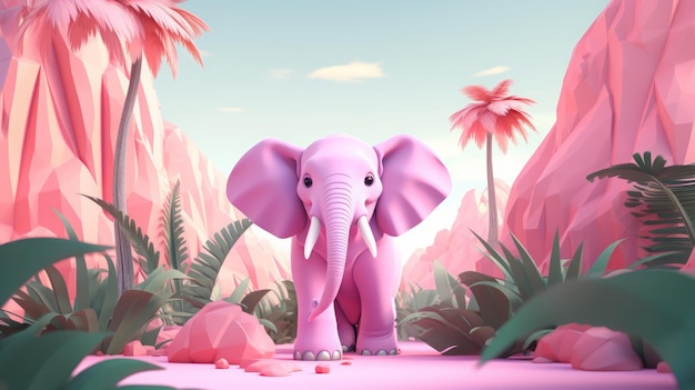 Pink cartoon elephant in the jungle