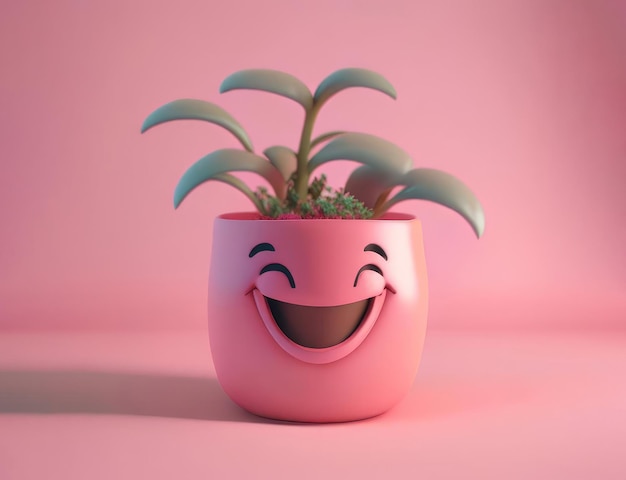 Pink cartoon flower pot with green plant AI generative