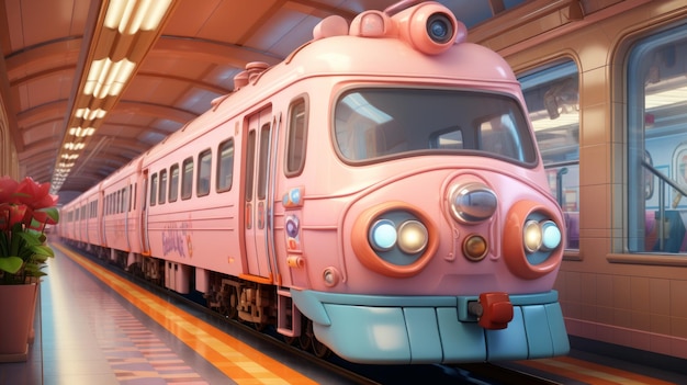 Photo a pink cartoon train is entering the station