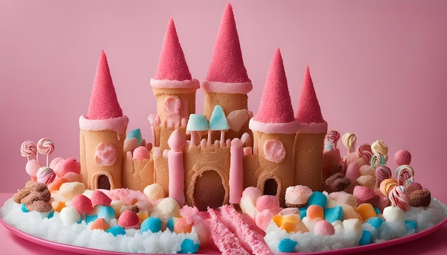 a pink castle cake with pink and blue candy on top