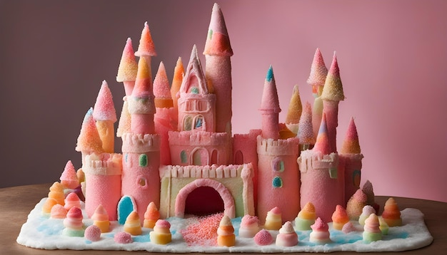 a pink castle cake with a pink castle on the top