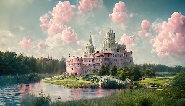 Pink castle on a green hill by the river on a summer day