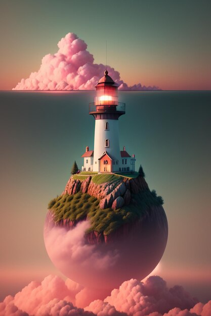 pink castle lighthouse building above the sky city clouds