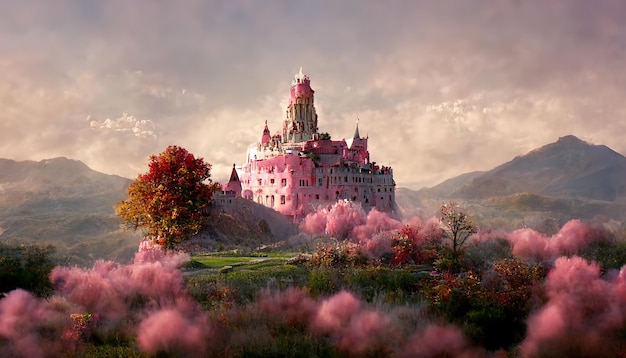 Pink castle in the mountains with green grass trees and rocks on the horizon 3d illustration