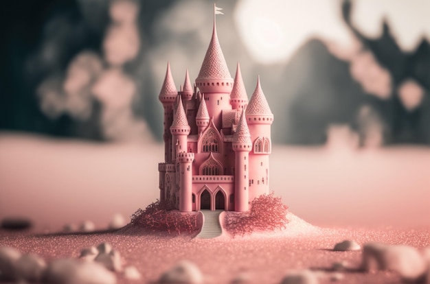 Pink castle in pink landscape