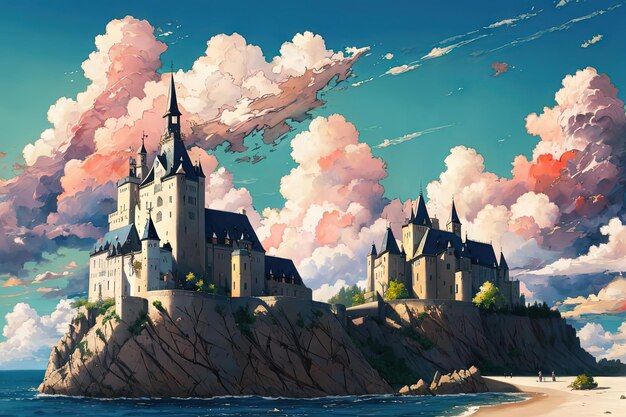 A pink castle pink world anime forest sea water illustration generative ai