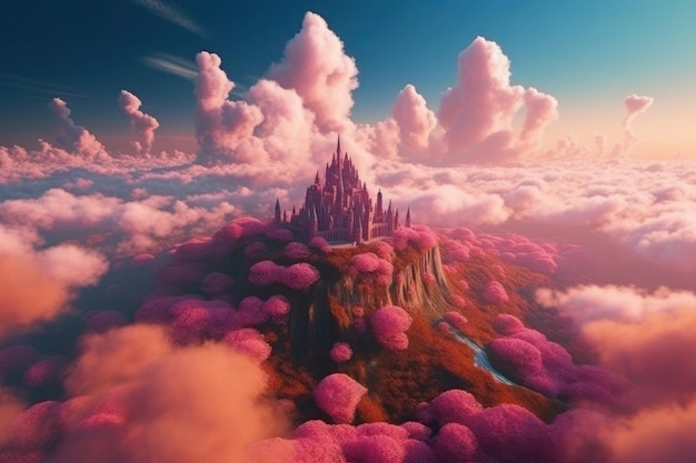 A pink castle and trees are in the clouds in the style of hyperrealistic fantasy Generative AI