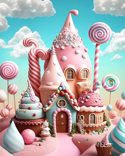 Photo a pink castle with a candy castle on the top.