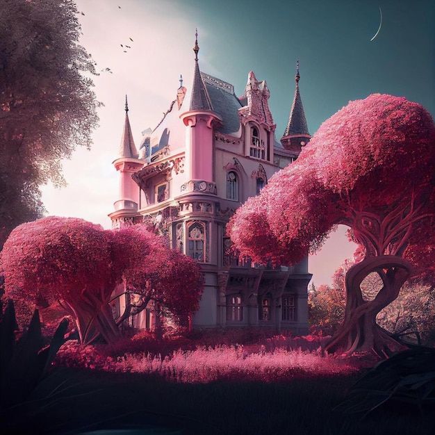 A pink castle with a pink castle in the background