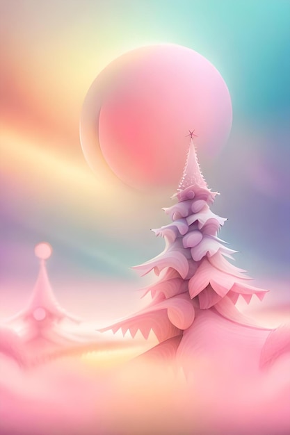 A pink castle with a rainbow background