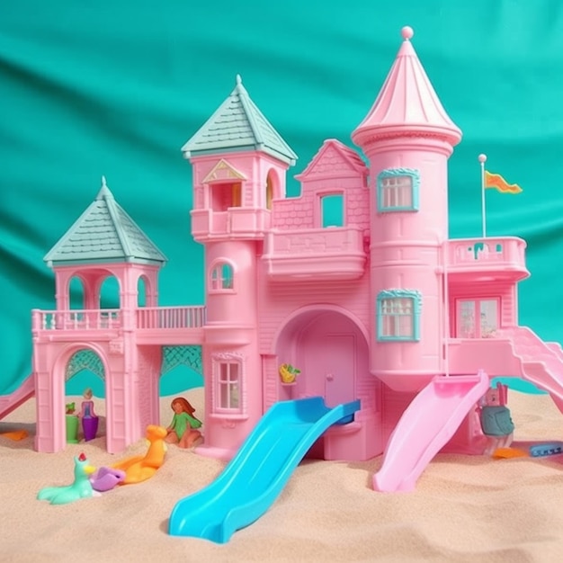 A pink castle with a slide and a beach slide