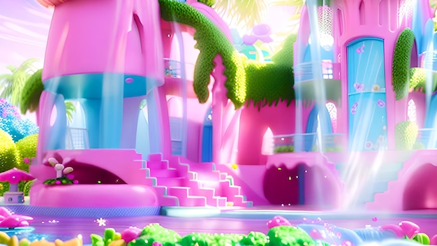 A pink castle with a waterfall in the background