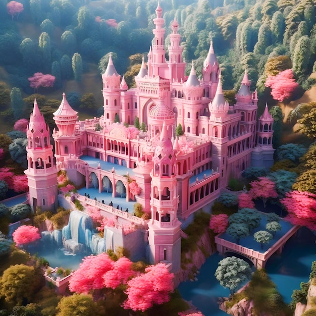 A pink castle with a waterfall in the background