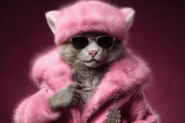 Pink cat gangster in neon bar illustration generative ai