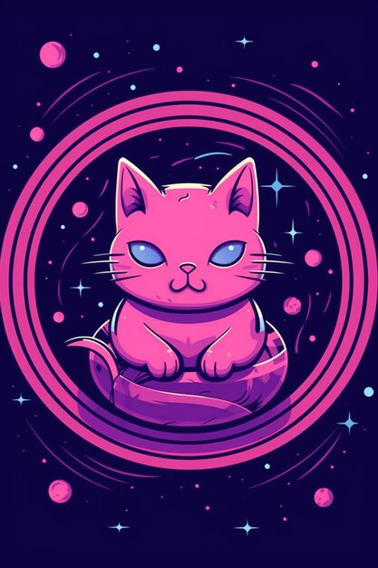 ピンクの猫が星と紫の背景で円に座っている