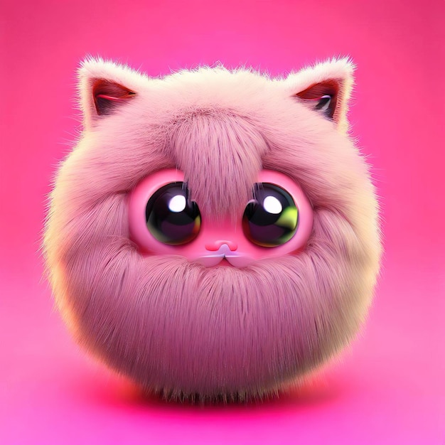 A pink cat with big eyes and a pink background.