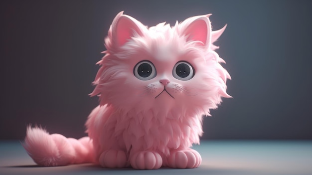 A pink cat with big eyes sits on a grey background.