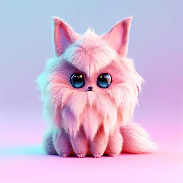 A pink cat with big eyes sits on a pink background.